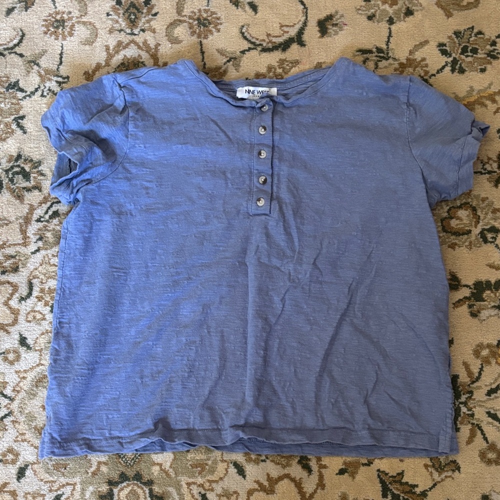 💕Nine West Blue 100% Cotton Short Sleeve Shirt Top Minima Classic Neutral Basics
